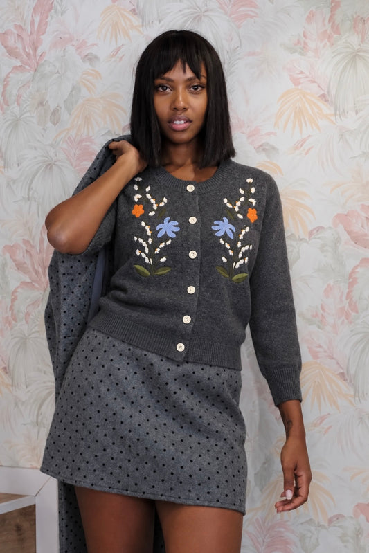 Cardigan con fiori ricamati - GRIGIO