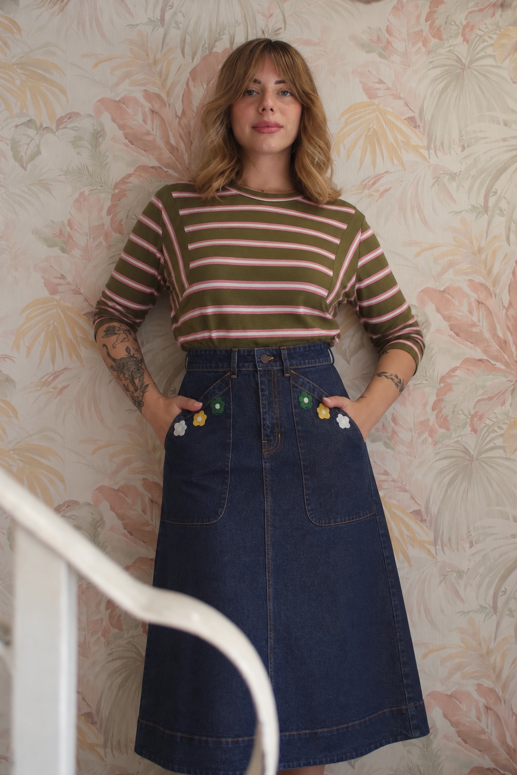 Gonna denim stampa fiore - DENIM SCURO