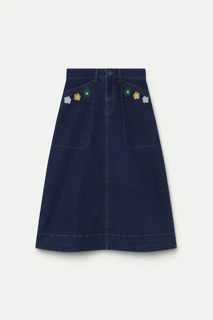 Gonna denim stampa fiore - DENIM SCURO