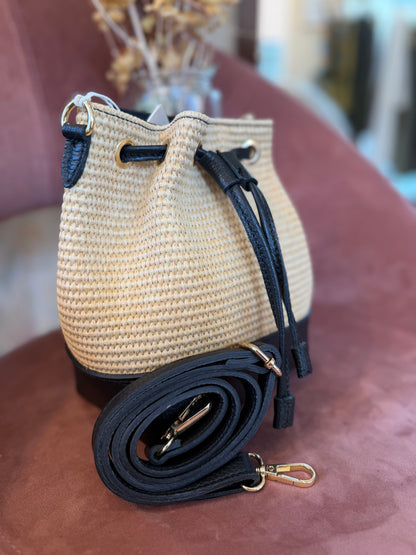 Borsa CINTHYA in pelle e rafia - NERO